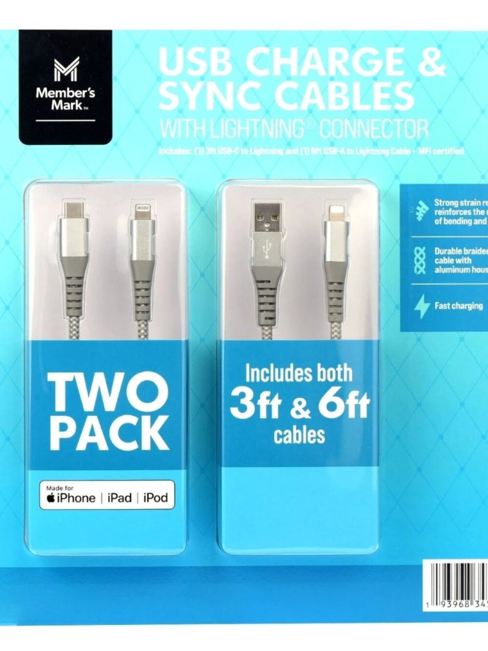 Member's Mark USB Lightning 3 Foot and 6 Foot Cables (Pack of 2)